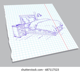 Hand drawn sketch of the interior on a notebook sheet. Sketch Line bedrooms. Vector illustration