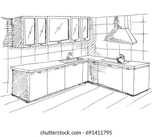 Hand drawn sketch of the interior. Quick drawing of kitchen furniture. Vector illustration in sketch style.