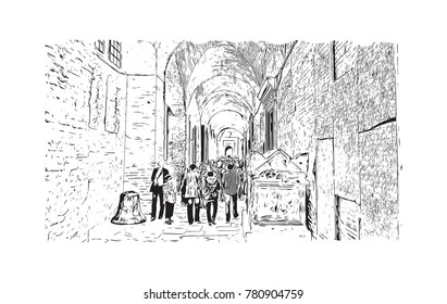 Hand drawn sketch of Interior of the Sultanahmet Mosque (Blue Mosque) in Istanbul, Turkey in vector illustration.