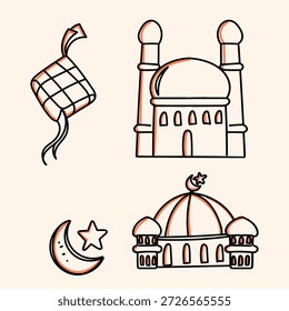hand drawn sketch islamic mosque ketupat and lanterns illustration in doodle cartoon