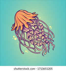 Hand drawn sketch isolated jellyfish, marine animals - Stock Vector illustration nautical