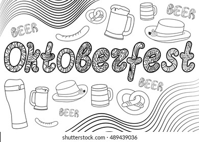 Hand drawn sketch, isolated on white background. Hand drawn sketch for adult anti stress coloring page, doodle. Design elements for Oktoberfest