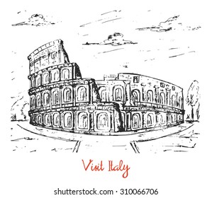 Hand drawn sketch of italian coliseum in front view with clouds, alley and road. Tourist travel vintage card, brochure, invitation, cover