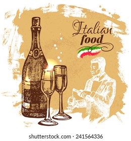 Hand drawn sketch Italian food background.Vector illustration. Restaurant menu design