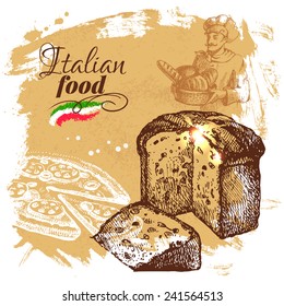 Hand drawn sketch Italian food background.Vector illustration. Restaurant menu design 