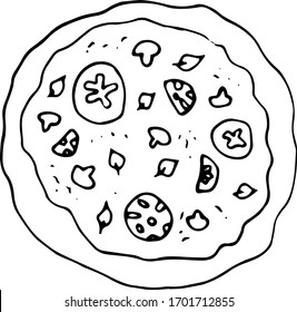 Hand drawn sketch italian pizza.  Great for menu, poster or label. Doodle vector illustration. Fast food.