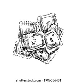 Hand drawn sketch of Italian Ravioli with Meat Cheese Filling on a white background. Italian cuisine, Italian food. Food and meal. 