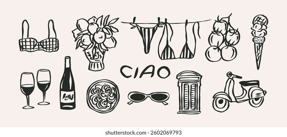 Hand drawn sketch Italian summer vacation collection