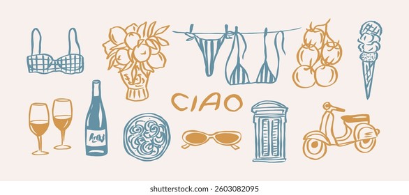 Hand drawn sketch Italian summer vacation collection