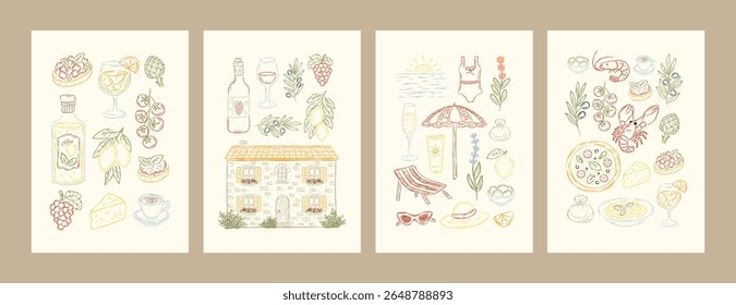 Hand drawn sketch Italian summer food travel poster set with food, drinks, herbs, houses, olives, lemons, seafood, beach elements in vintage rustic style for kitchen, restaurant wall design.