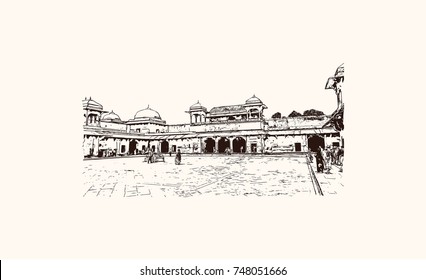 Hand drawn sketch of Jodha Bai Palace, Fatehpur Sikri, Uttar Pradesh, 