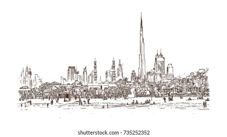 Hand drawn sketch of Jumeirah Beach with skyline Dubai in vector Illustrator. Dubai United Arab Emirates.