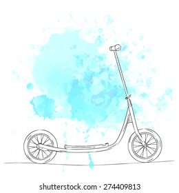 Hand drawn sketch kickscooter on blue watercolor splash. Vector illustration.