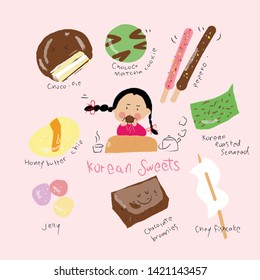 Hand drawn sketch ,Korean sweets,Choco pie,Chococo Mutcha Cookie,Pepero,Roasted seaweed,Chey fishcake,Chocolate brownies,Jelly,Honey butter chip.