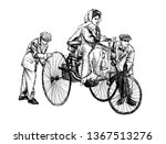 Hand drawn sketch of lady and gentlemen who help her to ride on the first retro car Benz 1886 isolated on white background. Vector illustration.