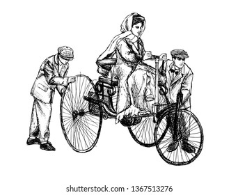 Hand drawn sketch of lady and gentlemen who help her to ride on the first retro car Benz 1886 isolated on white background. Vector illustration.