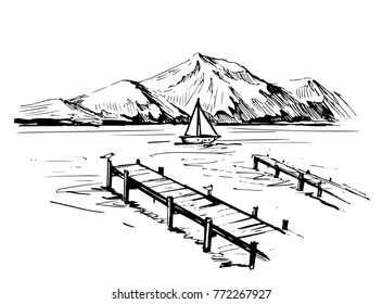 Hand drawn sketch with lake and mountains. Vector illustration. isolated