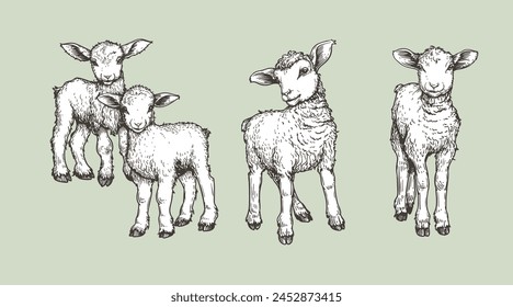 Hand drawn sketch lambs set. Farm animals vintage woodcut engraving style. Vector illustrations collection.