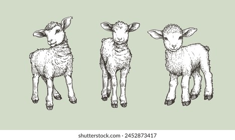 Hand drawn sketch lambs set. Farm animals vintage woodcut engraving style. Vector illustrations collection.