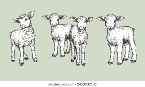 Hand drawn sketch lambs set. Farm animals vintage woodcut engraving style. Vector illustrations collection.