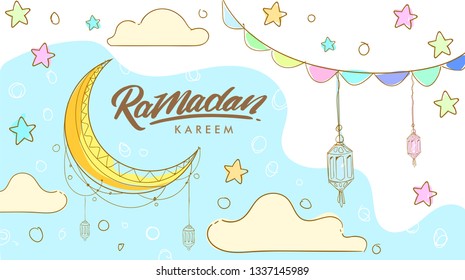Hand drawn Sketch of lantern and mosque for ramadan greetings card with soft color Background. Vector Illustration