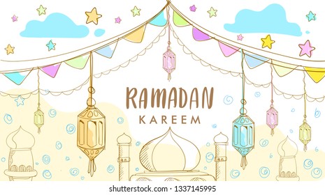 Hand drawn Sketch of lantern and mosque for ramadan greetings card with soft color Background. Vector Illustration