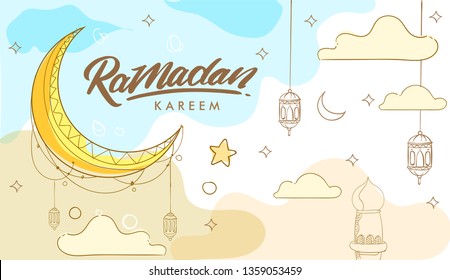 Hand drawn Sketch of lantern and mosque for ramadan greetings card with soft color Background. Vector Illustration
