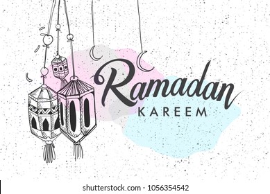Hand drawn Sketch of lantern for ramadan greetings card with vintage Background. Vector Illustration