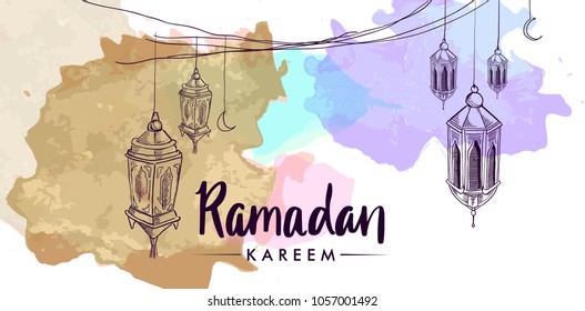 Hand drawn Sketch of lantern for ramadan greetings card with watercolor Background. Vector Illustration Hand drawn Sketch of lantern for ramadan greetings card with watercolor Background. Vector Illustration
