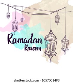 Hand drawn Sketch of lantern for ramadan greetings card with watercolor Background. Vector Illustration