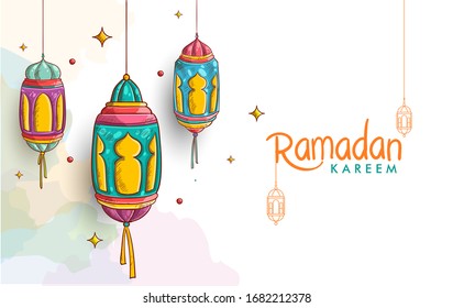 Hand drawn Sketch of lantern for ramadan greetings card with watercolor Background. Vector Illustration
