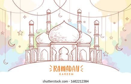 Handgezeichnete Laternen-Skizze für Rmadan-Grüße mit Aquarellhintergrund. Vektorillustration-Illustration
