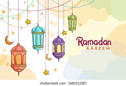 Hand drawn Sketch of lantern for ramadan greetings card with watercolor Background. Vector Illustration