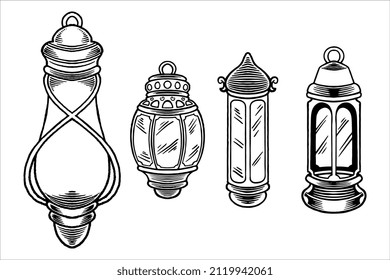 Hand drawn sketch of lanterns as islamic ornaments element in black white monochrome style.
