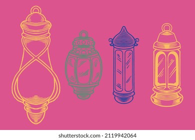 Hand drawn sketch of lanterns as islamic ornaments element in colorful style isolated on pink background.