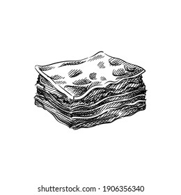 Hand drawn sketch of Lasagna on a white background. Italian cuisine, Italian food. Food and meal. 