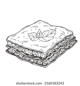 Hand drawn sketch of Lasagna on a white background. Italian cuisine, Italian food. Food and meal.