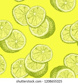 Hand Drawn Sketch Lemons and Lemon Slices for Kids Room, Light Yellow or Lime Tea. Interiors or Fresh Summer Accessories and Clothing, Mojito Cocktail or Lemonade Wrapping.