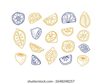 Esboço desenhado à mão limões vetor ilustração conjunto. Elemento fresco da fatia do fruto do limão isolado no branco. Desenho de arte citrino maduro de verão italiano. Estilo Dolce Vita. Desenho gráfico para logotipo, limonada
