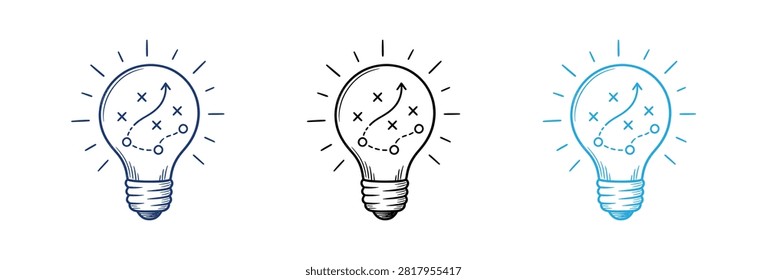 Hand drawn sketch of light bulbs containing tactical game plans and arrows symbolizing innovation strategic thinking and problem solving concepts