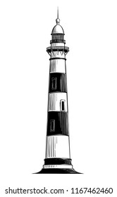 Hand drawn sketch of lighthouse in black isolated on white background. Detailed vintage style drawing. Vector illustration