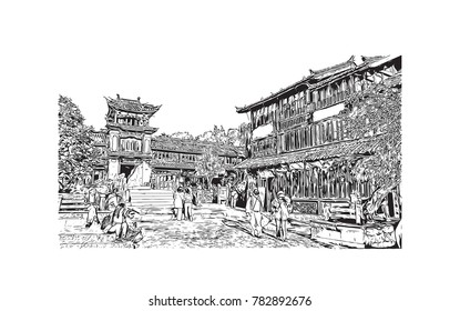 Hand drawn sketch of Lijiang, Yunnan, China in vector.