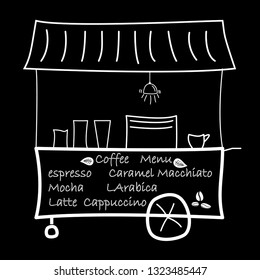 Hand drawn sketch of line white vector illustration in pencil style icons for trolley for food street trade cart, stall. Sale of mobile coffee car on wheels Isolated on black background.
