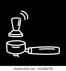 Hand drawn sketch of line white vector illustration in pencil style icon Portafilter equipment for brewing coffee Isolated on black background. Coffee concept.
