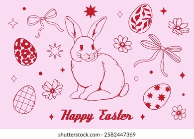 Hand drawn sketch linear Easter illustration: cute bunny, decorated doodle eggs, flowers, stars, bows. Vector outline card, banner, flyer. Vibrant design in red and pink tones for spring celebrations