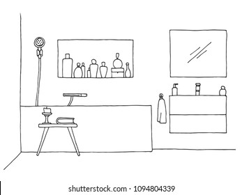 Hand drawn sketch. Linear sketch of an interior. Part of the bathroom. Vector illustration