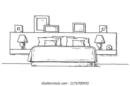 Hand drawn sketch. Linear sketch of an interior. Sketch Line bedrooms. Vector illustration. Room plan.