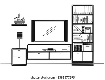 Hand drawn sketch. Linear sketch of the interior. Bookcase, dresser with TV and shelves. Vector illustration