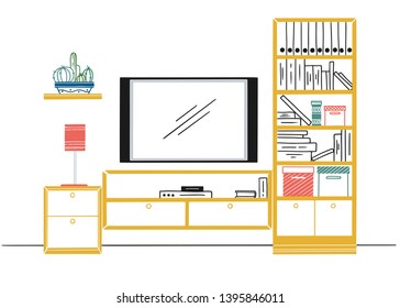 Hand drawn sketch. Linear sketch of the interior. Bookcase, dresser with TV and shelves. Vector illustration