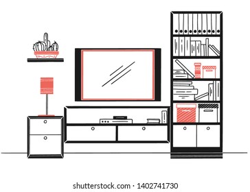 Hand drawn sketch. Linear sketch of the interior. Bookcase, dresser with TV and shelves. Vector illustration